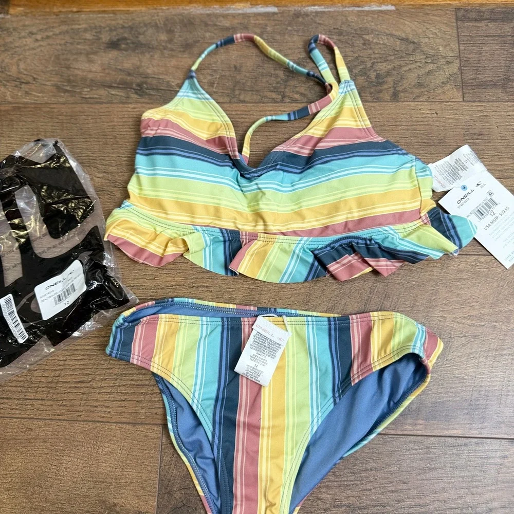 O'Neill Beachbound Stripe Peplum Tri Bikini Set‎ Size 12 NWT